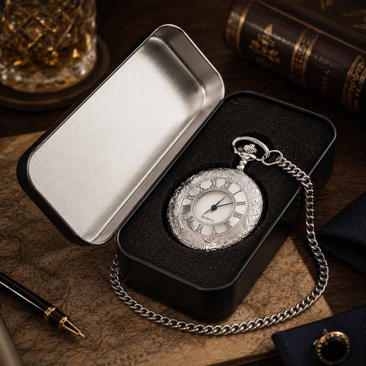 Silver Roman numeral pocket watch