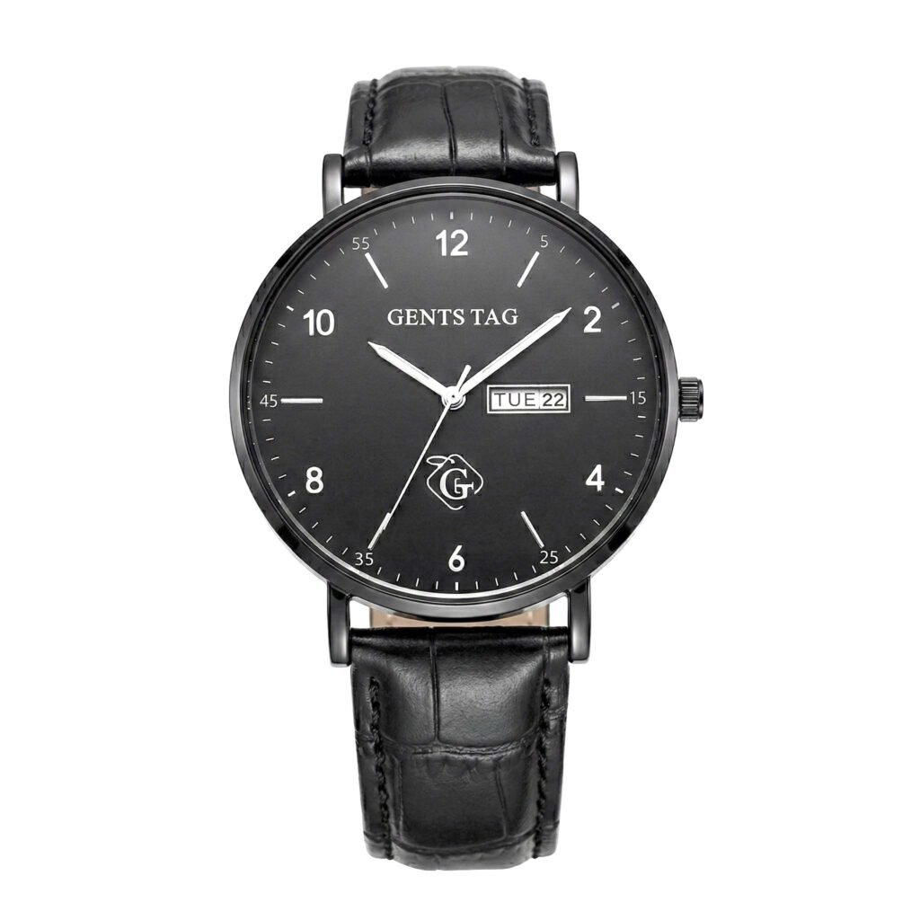 leather watch with day and date functionality gents tag