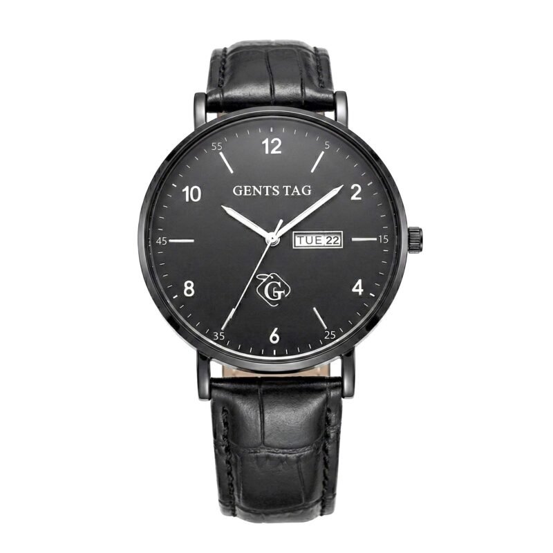 leather watch with day and date functionality gents tag